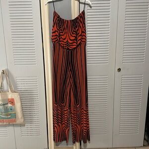 Symphony- Strapless Jumpshit Orange Black Strips